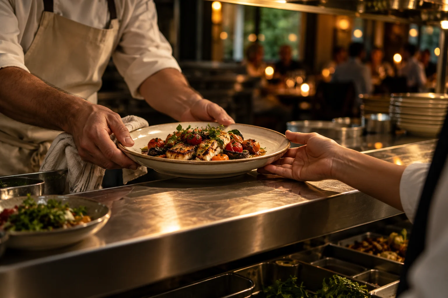 A dish passes from the kitchen to the service team